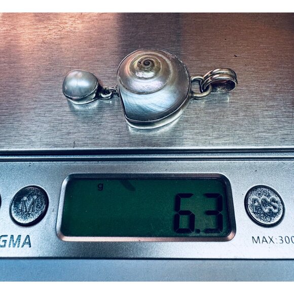 Estate 925 Sterling Silver Shiva Eye Shell Pendant w/ Pearl Drop Sea Jewelry - Picture 8 of 9